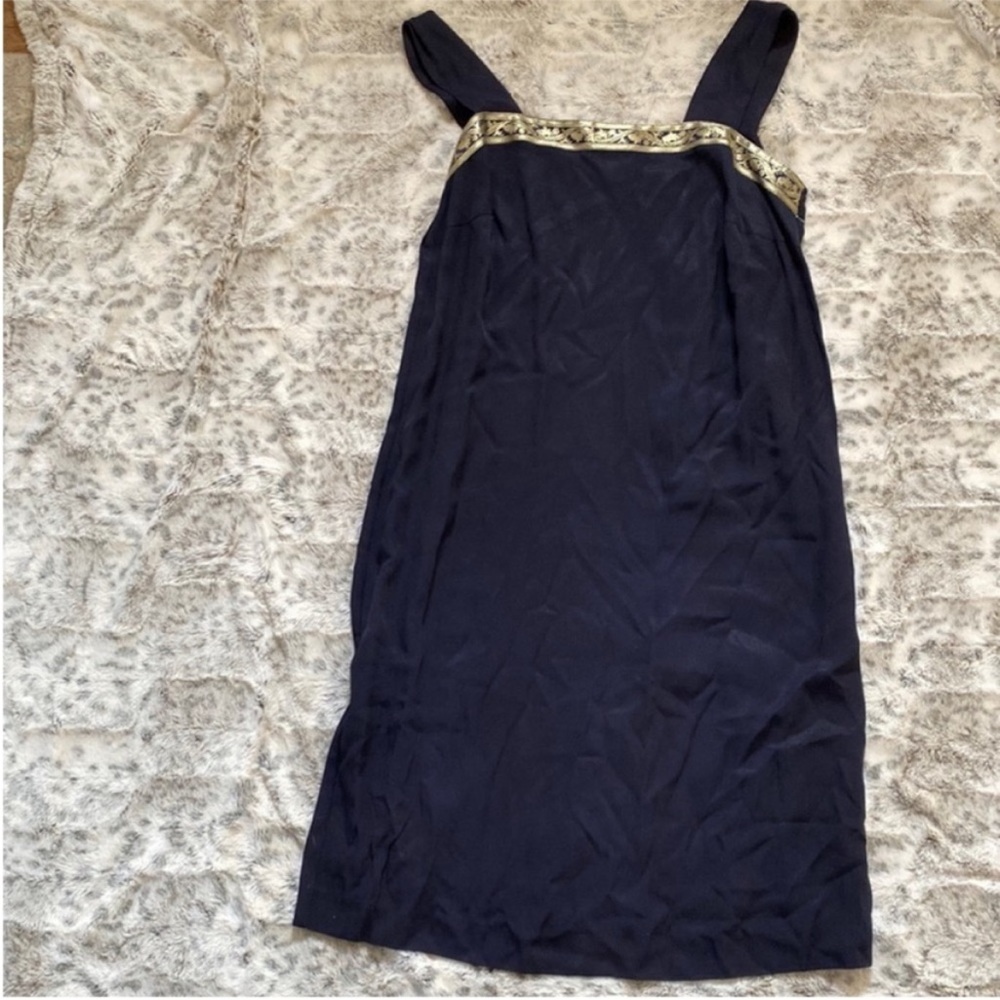 Dana Kay vintage navy blue gold foil detail dress